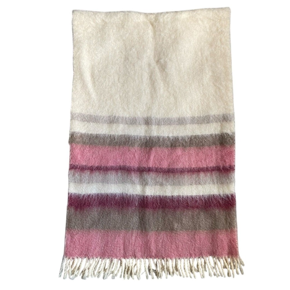 Vintage Wool Mohair Wrap Scarf Shawl Pink Cream Fringed Made Finland